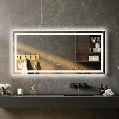 LED Bathroom Mirror 55 x 26 inch, Lighted Bathroom Vanity Mirror with Front Light and Backlit LED, Frameless Wall Mounted Bathroom Mirror with Adjustable Color Temperature