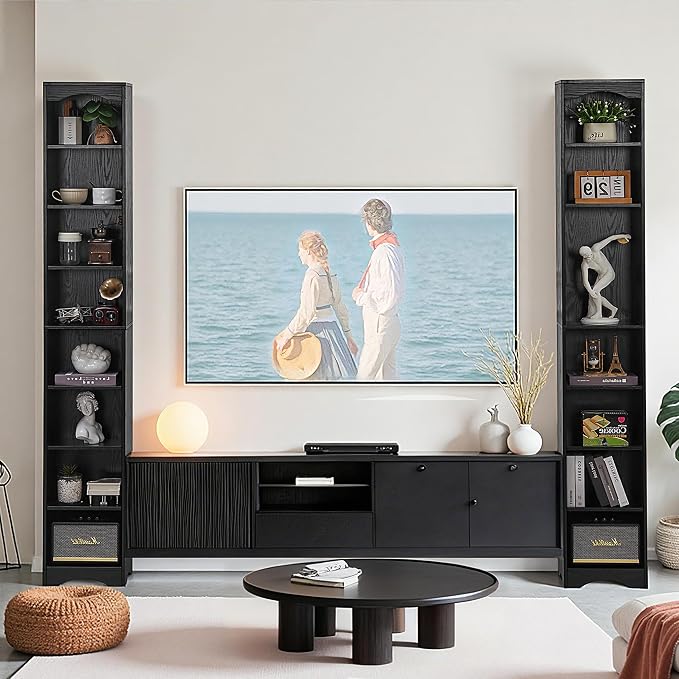 VECELO Curved Top Narrow Tall Bookshelf, 6 Adjustable Movable Shelves, Wood Space Saving Corner Storage Organizer, Sleek Black