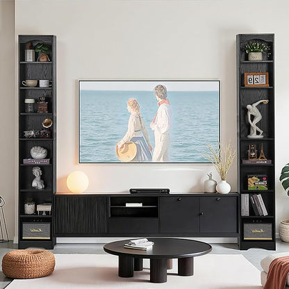 VECELO Curved Top Narrow Tall Bookshelf, 6 Adjustable Movable Shelves, Wood Space Saving Corner Storage Organizer, Sleek Black