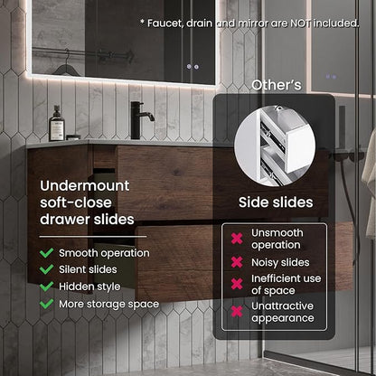 36" Bathroom Vanity with Sink, Modern Floating Vanity with Double Soft Closing Drawers, Large Storage for Small Space, Walnut, Fully Assembled - Iris Collection