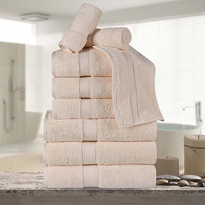 Superior Egyptian Cotton 800 GSM Plush & Absorbent, 9 Piece Set, Cream | Quick Dry, Soft Luxury Towel Set, Bath Essentials, Guest Bath, Spa, 3 Bath, 3 Hand, 3 Face Towel, Madeline Towels