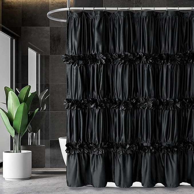 Homechoice Decor Black Handcrafted Bow Tie Shower Curtain 72" W x 72" H | Vintage Ruffle Bath Curtain for Master Bathroom, Ruched Satin Bathroom Curtain with 12 Buttonholes (LQ-10)
