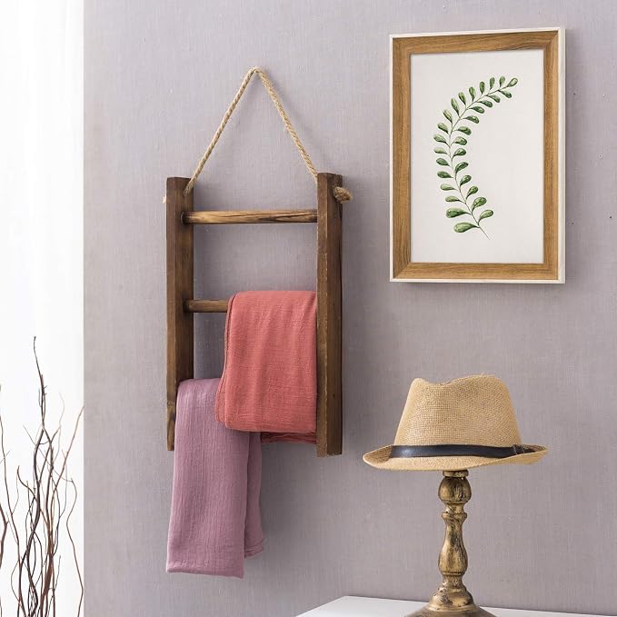 MyGift Dark Brown Wood Wall Mounted 3 Tier Hand Towel Ladder Rack | Top Rope for Easy Hanging, Vertical Storage for Guest Towels, Washcloths, Blankets & Decorative Throws