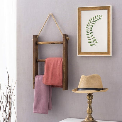 MyGift Dark Brown Wood Wall Mounted 3 Tier Hand Towel Ladder Rack | Top Rope for Easy Hanging, Vertical Storage for Guest Towels, Washcloths, Blankets & Decorative Throws