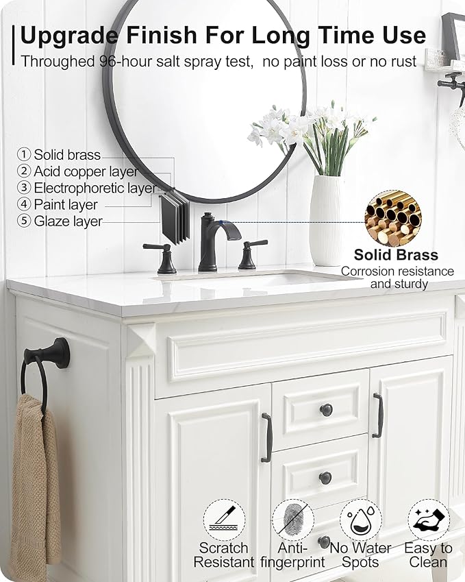 Matte Black Bathroom Faucet 3 Hole, Brass Bathroom Waterfall Faucet, 4-16 Inch Bathroom Sink Faucets, 2 Handle Widespread Faucet for Bathroom Sink with Water Supply Hoses, Pop-Up Drain