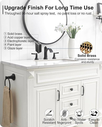 Matte Black Bathroom Faucet 3 Hole, Brass Bathroom Waterfall Faucet, 4-16 Inch Bathroom Sink Faucets, 2 Handle Widespread Faucet for Bathroom Sink with Water Supply Hoses, Pop-Up Drain