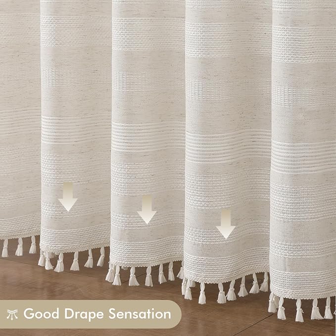 Extra Long Linen Shower Curtain - 84 Inch Long, Modern Farmhouse Heavy Duty Textured Soft Fabric, Rustic Country Boho Cloth Shower Curtain with Tassel for Bathroom Hotel, 72Wx84L Inches
