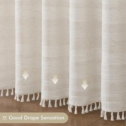 Linen Shower Curtain 78 Inch Long, Boho Farmhouse Thick Striped Fabric Hotel Shower Curtain with Tassel, Minimalist Textured Weighted Machine Washable Bathroom Decor, 72Wx78L Inches