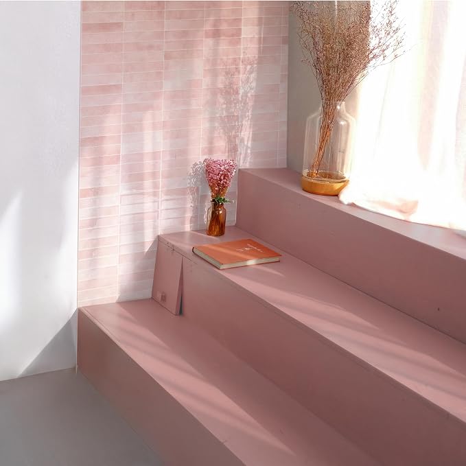 Smart Tiles Peel and Stick backsplash, Stacked Powder Pink, 11.43"x9" | Pack of 5 (3.5 sq ft), Glossy, Heat/Moisture Resistant, Low VOC, Kitchen/Bathroom, Renter Friendly, Made in Canada
