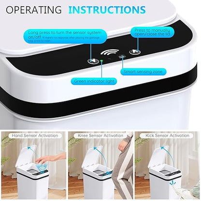 Bathroom Small Trash Can with Lid, Automatic Garbage Can, 2.6 Gallon | 3 Pack Touchless Slim Waterproof Motion Sensor Smart Trash Bin for Bedroom, Office, Living Room-White