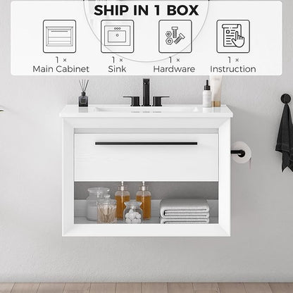 IRONCK 30" Bathroom Vanity with Sink, Wall Mounted Bathroom Vanity with 1 Drawer ＆ 1 Open Shelf, Modern Floating Bathroom Sink Cabinet with Undermount Ceramic Sink, Easy Assembly, White
