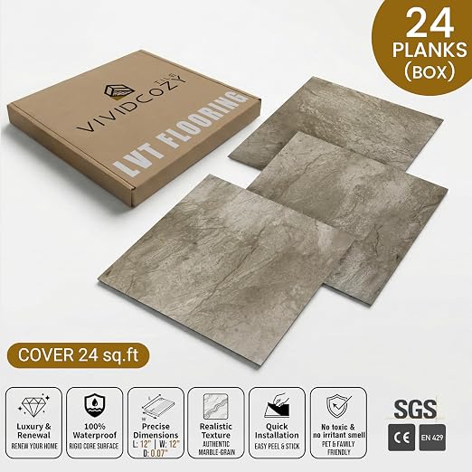 Peel and Stick Floor Tiles, 1.8mm Thick Waterproof Viny Beige-Brown Marble | Marble Look Tiles, Durable Water&Oil Resistant Tiles for Bathroom, Kitchen & Renter-Friendly DIY Home Upgrade