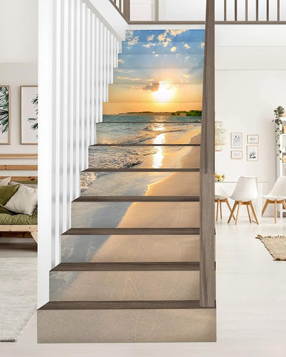 FLFK Sunrise Coast Stair Stickers - Set of 15, Peel and Stick Stair Riser Decals, 39.3"x7.08"