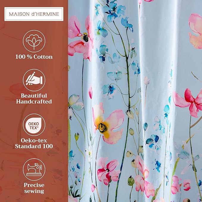 Maison d' Hermine Shower Curtain 100% Cotton One Panel 70"x72" Washable Fabric Shower Curtains for Bathroom, Easy Hanging with 12 Button Holes - Home Hotel Spa Easter Gifts (Delphinium - Cyan)