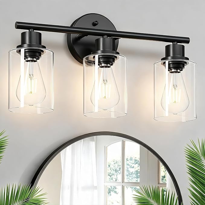 3-Light Black Vanity Lights, E26 Modern Bathroom Light Fixtures with Clear Glass Shade, Wall Lamps for Mirror Kitchen Hallway Cabinet Living Room Sconces Lights