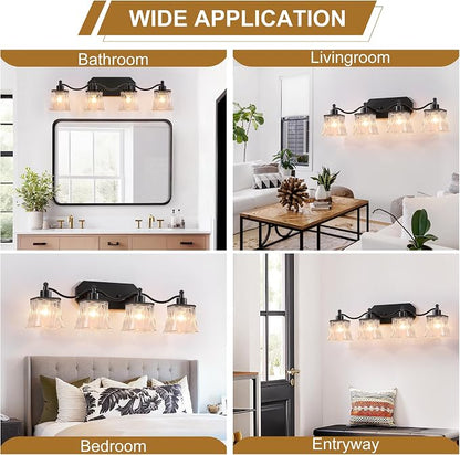 4-Light Matte Black Vanity Light, Vintage Crystal Glass Shades | Rust & Humidity Resistant Iron Frame,Mounted Over Mirror, Compatible with E26 Bulbs for Bathroom, Bedroom & Hallway