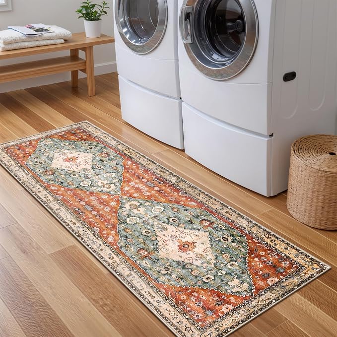 Lahome Boho Tribal 2x5 Kitchen Runner Rugs Non Skid Washable, Soft Runners for Hallways, Oriental Long Bathroom Floor Throw Carpet Runner for Entryway Laundry Room Bedroom (Rust/Dull Teal,2x5ft)