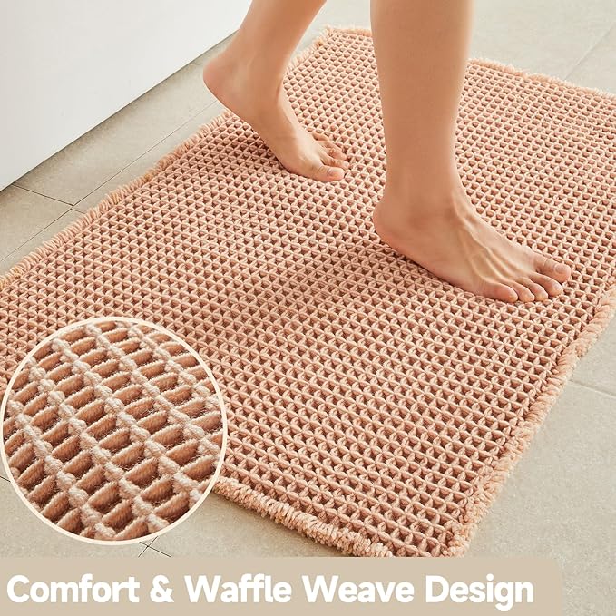 TYUU Waffle Bath Mat, Boho Bathroom Rugs Non Slip, 48x24 Light Peach | Super Absorbent Quick Dry Bath Rug, Non-Slip Backing, Soft Waffle Washable Farmhouse Bathroom Mats, Tub, Shower & Home Decor