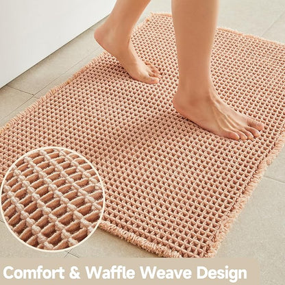 TYUU Waffle Bath Mat, Boho Bathroom Rugs Non Slip, 48x24 Light Peach | Super Absorbent Quick Dry Bath Rug, Non-Slip Backing, Soft Waffle Washable Farmhouse Bathroom Mats, Tub, Shower & Home Decor