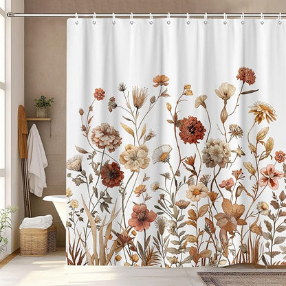 Vintage Boho White Floral Shower Curtain, Brown Cream Tan Rustic Farmhouse Flower Shower Curtain Set, Cute Botanical Wlidflowers Fabric Shower Curtains Decoration, 72X72 Aesthetic Bathroom Accessories