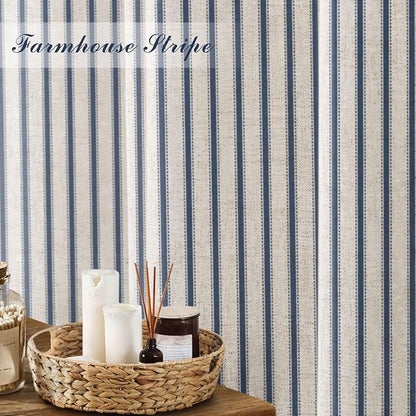 Farmhouse Striped Shower Curtain Navy Blue Vintage Linen Curtain 72W X 84L | Extra Long Striped Shower Curtains with Linen Texture for Bathroom Decor