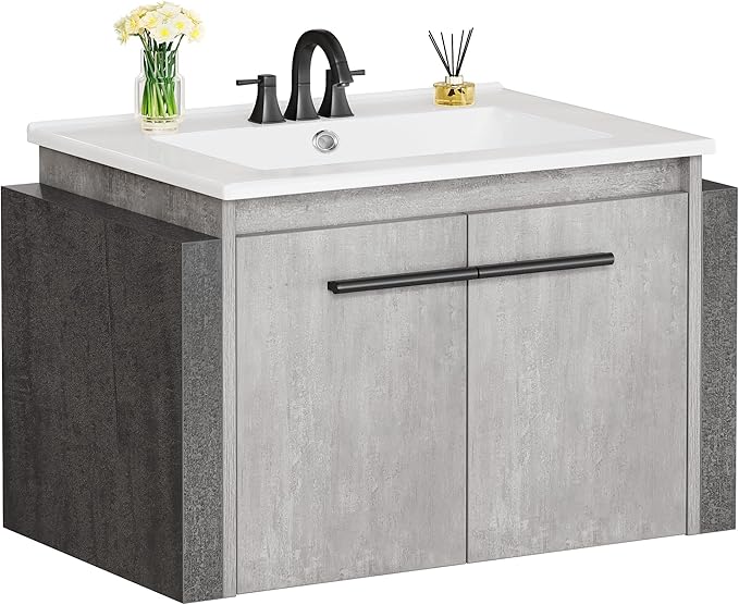 DWVO 24" Bathroom Vanity with Sink Combo, Wall Mounted Modern Bathroom Cabinet with Ceramic Sink, Large Storage Double Soft-Close Doors Cabinet Vanity, Grey