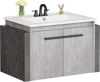 DWVO 24" Bathroom Vanity with Sink Combo, Wall Mounted Modern Bathroom Cabinet with Ceramic Sink, Large Storage Double Soft-Close Doors Cabinet Vanity, Grey