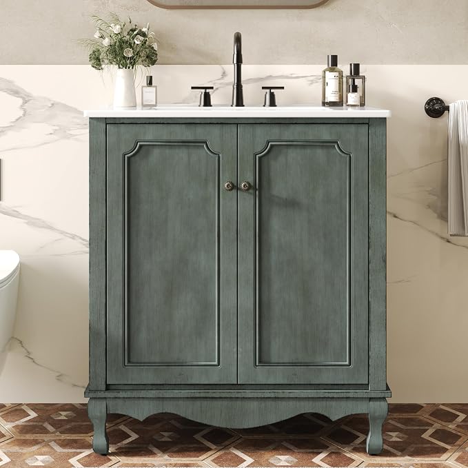 Merax 30" Vintage Bathroom Vanity with Sink, Bathroom Storage Vanity Cabinet with 2 Doors & Rubber Wood Legs & Adjustable Shelves & Antique Handles, Soft-Close Hinges, Antique Blue