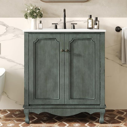 Merax 30" Vintage Bathroom Vanity with Sink, Bathroom Storage Vanity Cabinet with 2 Doors & Rubber Wood Legs & Adjustable Shelves & Antique Handles, Soft-Close Hinges, Antique Blue
