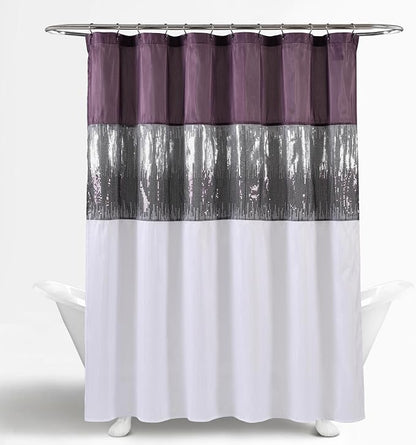 Lush Decor Night Sky Shower Curtain, Single, 72" W x 72" L, Purple & White - Sequin Shower Curtain - Sparkly Color Block Bath Curtain - Modern Glam Bathroom Decor