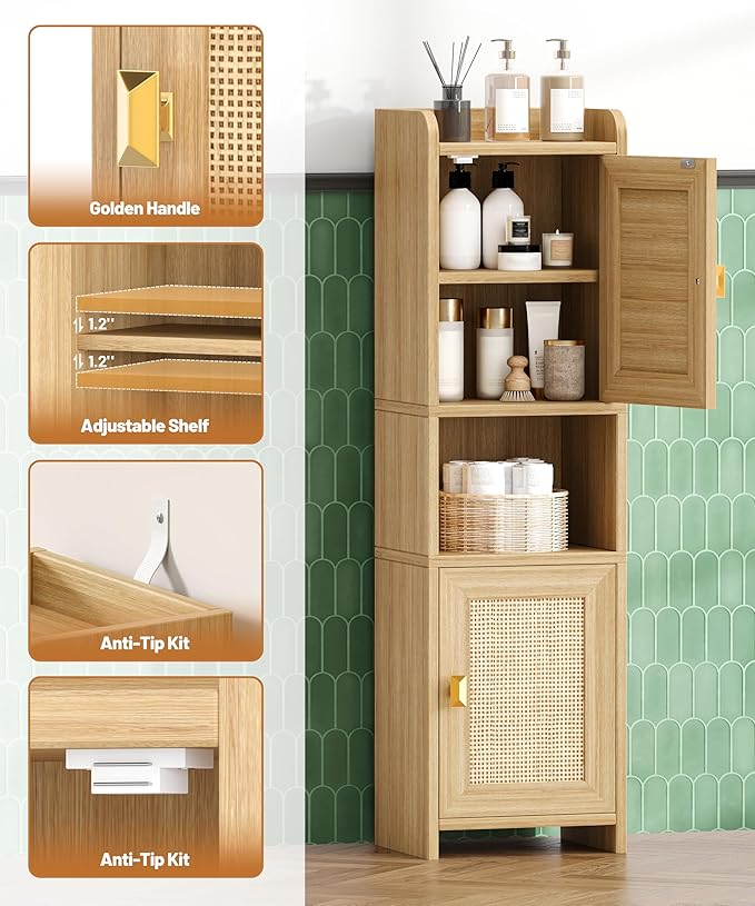 Rattan Small Bathroom Cabinet with 2 Doors, 7.9''D x 9.8''W x 34.8" H Narrow Floor Cabinet with Adjustable Shelf, Bathroom Organizer for Small Spaces, Wooden Corner Unit, Natural Oak