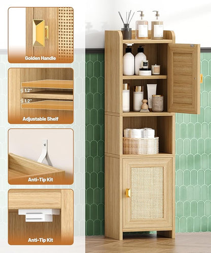Rattan Small Bathroom Cabinet with 2 Doors, 7.9''D x 9.8''W x 34.8" H Narrow Floor Cabinet with Adjustable Shelf, Bathroom Organizer for Small Spaces, Wooden Corner Unit, Natural Oak