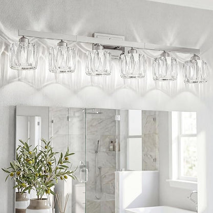 VOLISUN Crystal Vanity Lights for Bathroom, 6 Light Bathroom Vanity Light, Modern Stainless Steel Bathrooms Lights Over Mirror, Chrome Bathrooms Lights Fixtures-UL Certificated(Exclude Bulb)