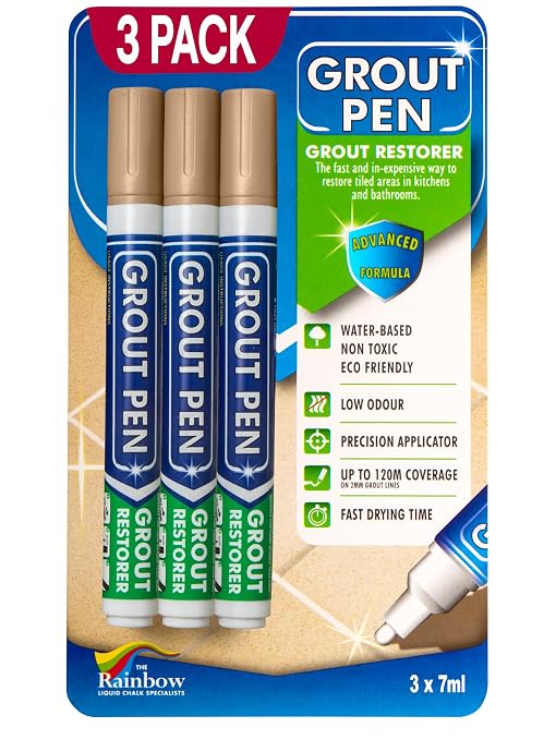 Grout Pen Beige Tile Grout Paint Marker - Narrow 5mm Tip (7mL) - 3 Pack | Waterproof Grout Refresh Restorer for Kitchen & Bathroom, Colorant and Sealer Pens for Cleaner Looking Grout Lines - Beige