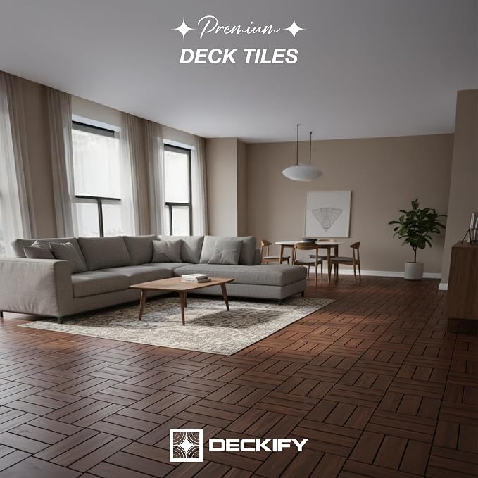 Acacia Wood Interlocking Deck Tiles Outdoor Flooring for Patio, Balcony | Raised Drainage Base, 12x12 In, Trimmable, Oil-Rubbed Finish, No Tools or Sealant Required, Weather-Resistant, Washable