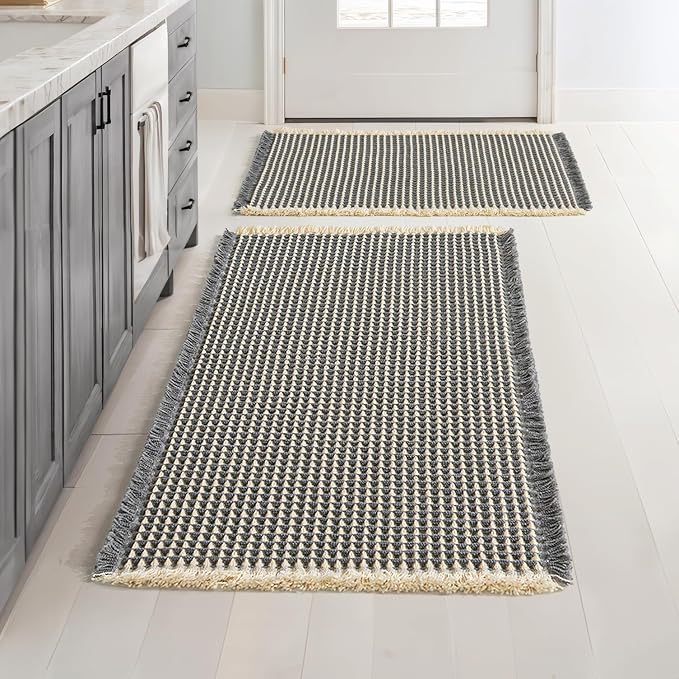 MIULEE Set of 2 Waffle Bathroom Rugs Dark Grey&Yellow 17"x24"+20"x32" | Non Slip, Super Absorbent, Washable, Ultra Soft, Rubber Backed Bath Rugs for Bathroom Floor Tub Shower, Boho Decor