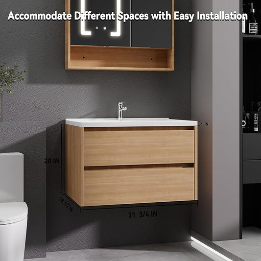 Wood Grain Floating Bathroom Vanity with Sink, 31x18 Inch Wall Mounted Bathroom Cabinet with 2 Drawers, Modern Single Sink Vanity for Small Bathroom, Space-Saving Storage Cabinet