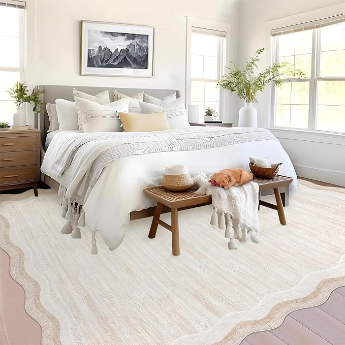 Garvee Scalloped 8x10 Rugs Washable Area Rugs for Living Room Cream | Rugs for Living Room, Non-Slip Soft Carpet for Bedroom, Scalloped Low-Pile Solid Rug Accent Rug for Dining Room Home Office