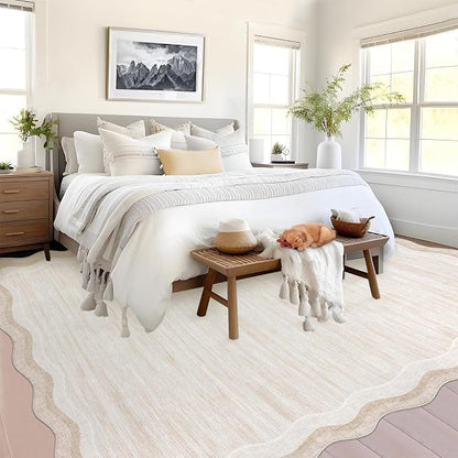 Garvee Scalloped 8x10 Rugs Washable Area Rugs for Living Room Cream | Rugs for Living Room, Non-Slip Soft Carpet for Bedroom, Scalloped Low-Pile Solid Rug Accent Rug for Dining Room Home Office