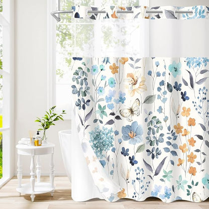 Litabel No Hook Blue Watercolor Floral Shower Curtain and Liner Set, 72x80 | Spring Flower Shower Curtains with Snap-in Liner for Farmhouse Bathroom Decor, Botanical Bathroom Curtain with Leaves