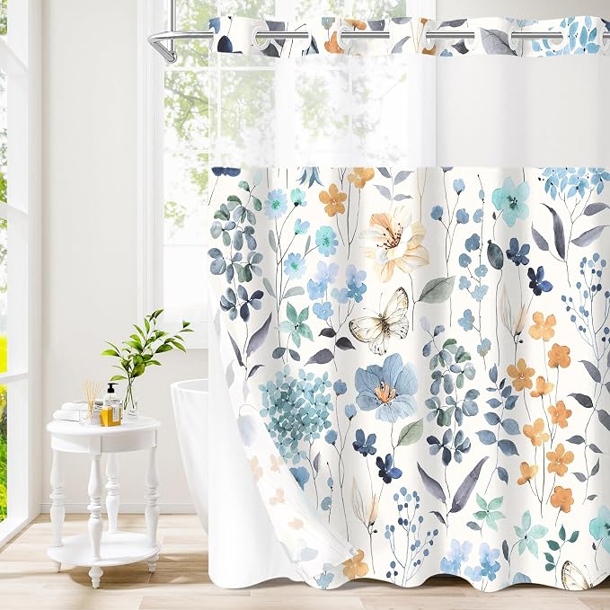 Litabel No Hook Blue Watercolor Floral Shower Curtain and Liner Set, 72x74 | Spring Flower Shower Curtains with Snap-in Liner for Farmhouse Bathroom Decor, Botanical Bathroom Curtain with Leaves
