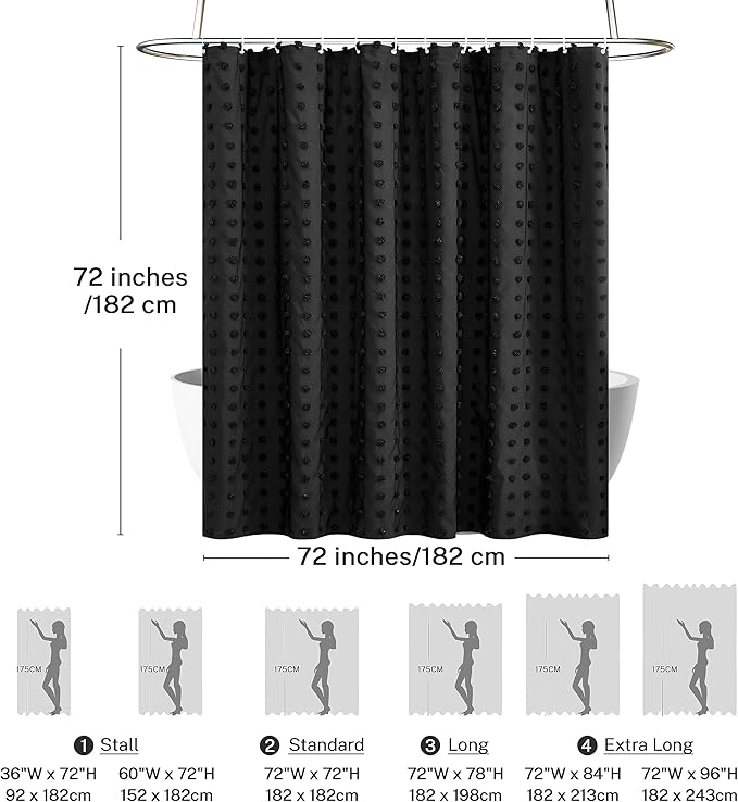 Black Boho Shower Curtain Woven Fabric Cute Shower Curtain, 72 x 72 Tufted Pleat Floral Textured Modern Farmhouse Minimalist Shower Curtain Set with Hooks for Bathroom
