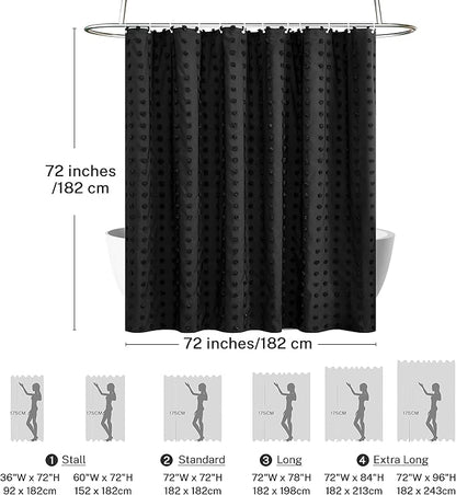 Black Boho Shower Curtain Woven Fabric Cute Shower Curtain, 72 x 72 Tufted Pleat Floral Textured Modern Farmhouse Minimalist Shower Curtain Set with Hooks for Bathroom