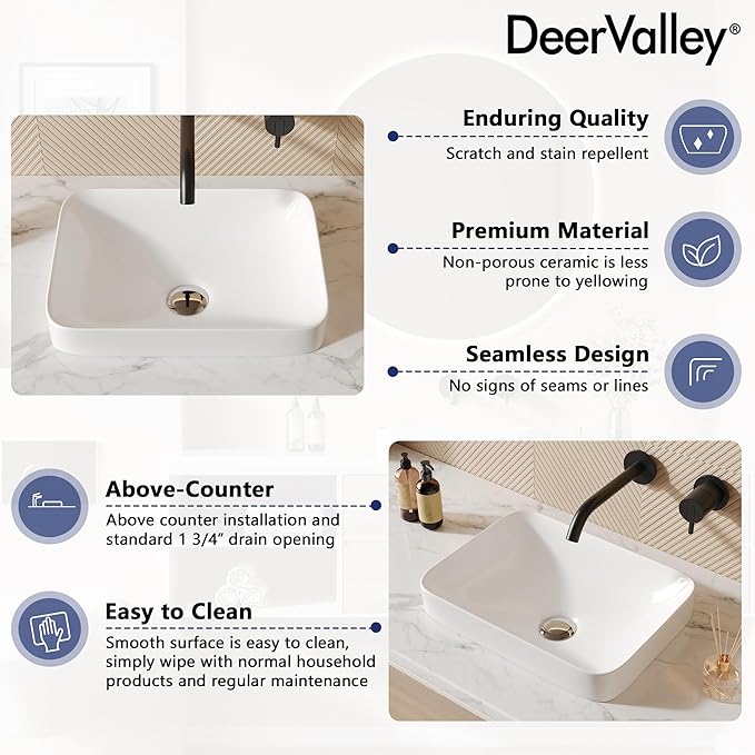 DeerValley Horizon 15.94'' x 12.01'' Rectangular Semi Recessed Bathroom Vessel Sinks for Bathroom Modern Bath Sink Bowl Vanity Sink Above Counter Basin DV-1V0346