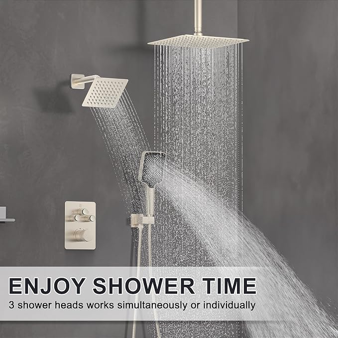 Iriber Thermostatic Shower System with Adjustable Water Flow Push Button Diverter, Square Dual Shower Heads Faucet Set with Handheld Spray, Brushed Nickel Shower Mixer Valve Trim Kit (Valve Included)