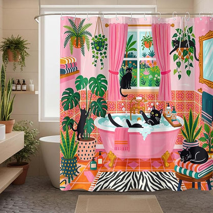 Accnicc Funny Cat Shower Curtain for Bathroom 72 X 84 Inches | Boho Cute Fun Black Cats Extra Long Shower Curtains, Tropical Plant Pink Bathroom Decor, Water-Resistant Washable Polyester