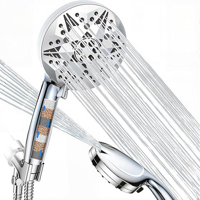 Filtered High Pressure Handheld Shower Head – 10 Spray Modes with Rain & Massage, Built-in Filter for Cleaner Water, Anti-Clog Nozzles, Power Rinse for Tile & Pets, Chrome Finish