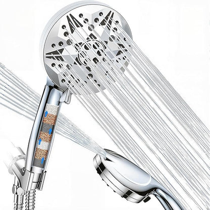 Filtered High Pressure Handheld Shower Head – 10 Spray Modes with Rain & Massage, Built-in Filter for Cleaner Water, Anti-Clog Nozzles, Power Rinse for Tile & Pets, Chrome Finish