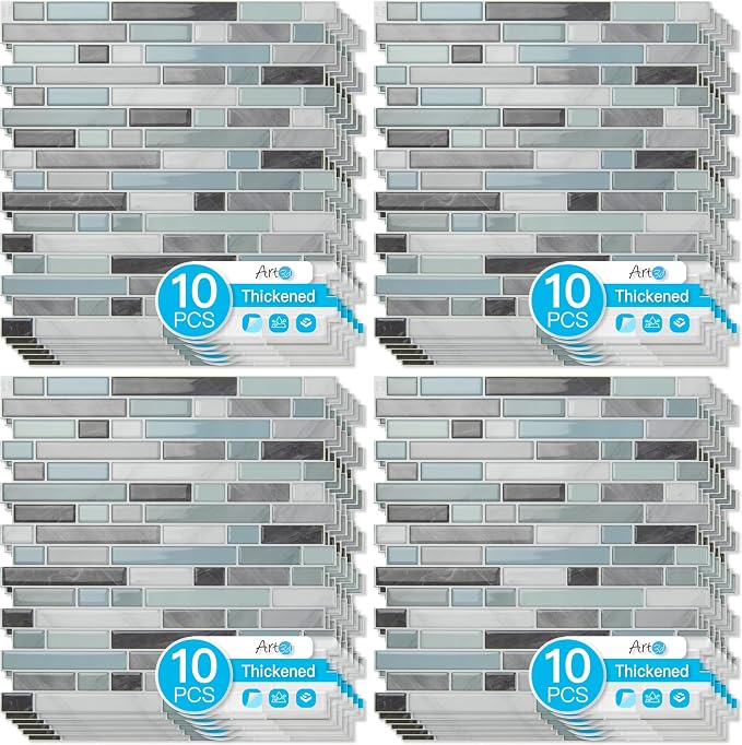 Art3d 10-Sheet Heavy-Duty Peel and Stick Backsplash, Waterproof Wall Tiles Stick on Kitchen Backsplash Living Space, Gray & Blue (Pack of 4)