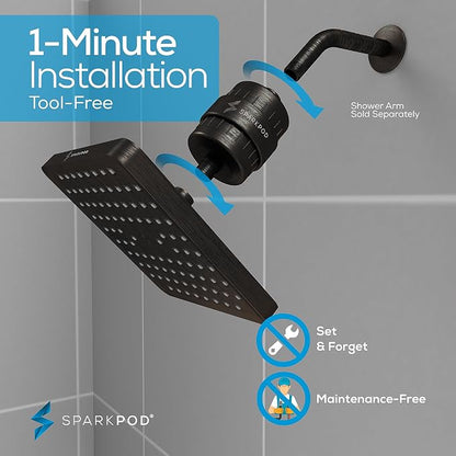 SparkPod Filtered Shower Head, 23-Stage, 8" Square, Oil-Rubbed Bronze | Showerhead for Hard Water, High Pressure, Reduces Chlorine, Heavy Metals, For Dry Skin & Hair, Removable Capsule Filter